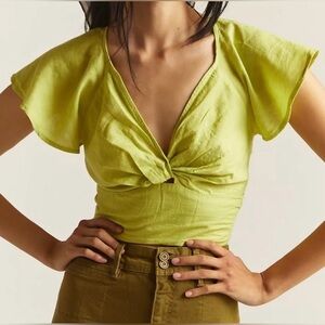 Anthropologie Flutter Sleeve Linen Crop Top Lime Green Size XS New With Tags